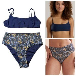 Quintsoul Scoop Neck Solid Blue Top & Floral Highrise Reversible Bottoms